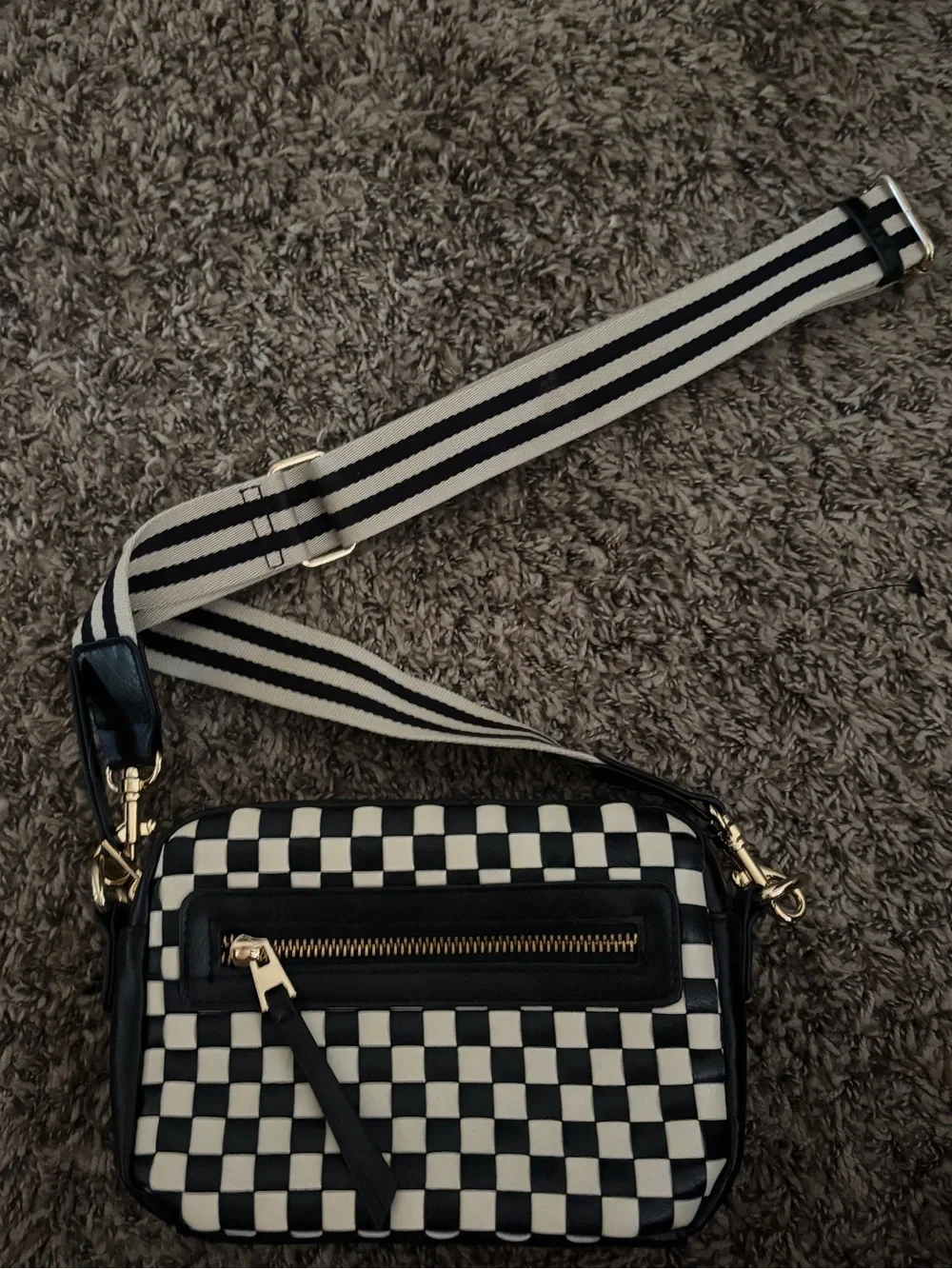 Universal Thread Black & White Check Crossbody Shoulder Bag with Striped Strap